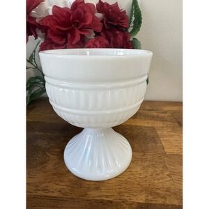 Vintage Milk Glass Pedestal Compote Planter‎ Ribbed Bowl Wedding Vase MCM